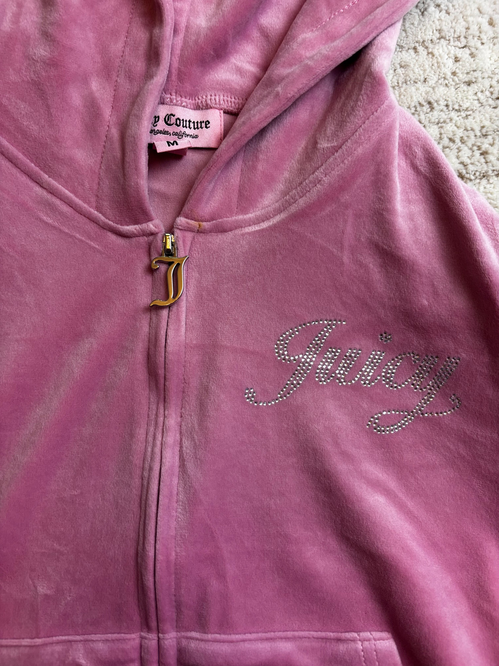 Juicy Couture Velour Zip Hoodie Pink Rhinestone Logo Size M